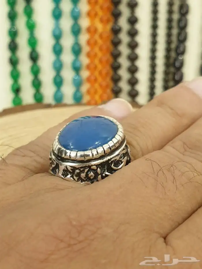 خاتم عقيق يماني ازرق فاخر ومميز 2