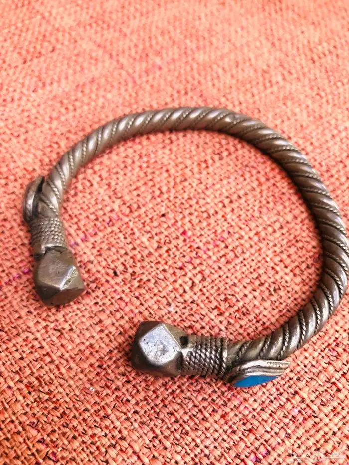 سوار فضة قديم بدوي مبروم بحجر تركواز فيروز انتيك ثقيل 0