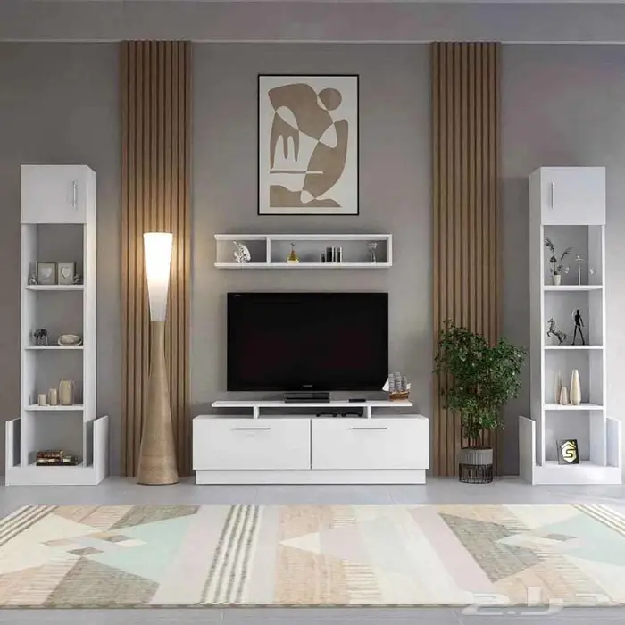 طاولة تلفزيون مع رفين بلون الأبيض 1