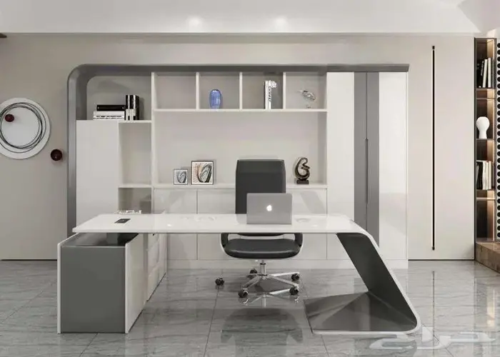 مكتب رئيس مدير طقم ابيض تصميم مميز أنيق فاخر جدا 240سم 1