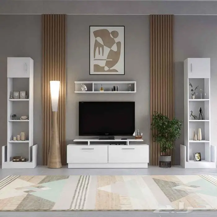 مكتبة تلفاز كبيرة فخمة لون ابيض تصميم 1