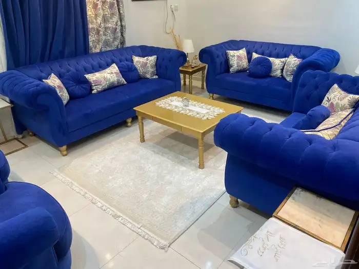 كنب تركي خمس قطع ستاره ثلاث طاولات سجاد تركي على السوم ازرق 0