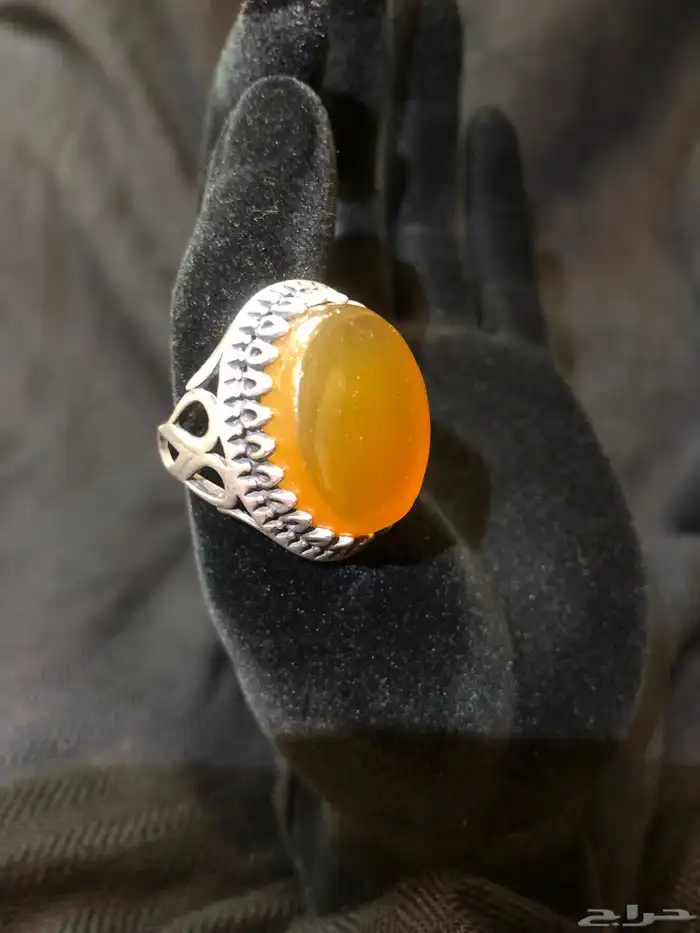 خواتم فضة عقيق يماني أصفر مشمشي أصلية وثقيلة وتصميم ونقش يد 15