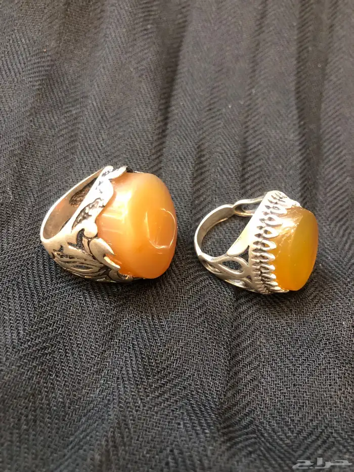 خواتم فضة عقيق يماني أصفر مشمشي أصلية وثقيلة وتصميم ونقش يد 0