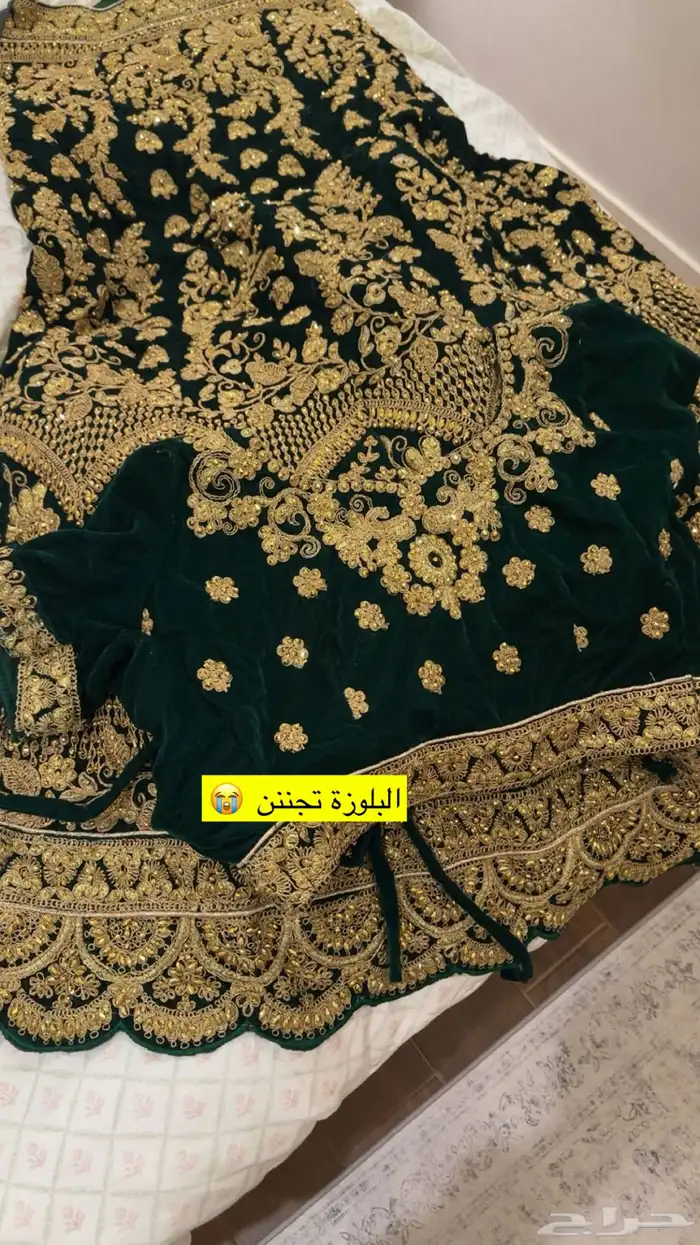 لبس هندي ساري جديد لونه زيتي على اخضر 1