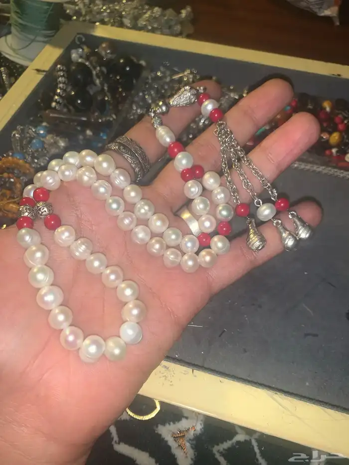 سبحة لؤلؤ زراعي اصلي مع مرجان 0