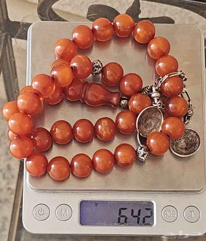 طقم سبحة وخاتم عقيق كبدي مزعفر منقوش 8