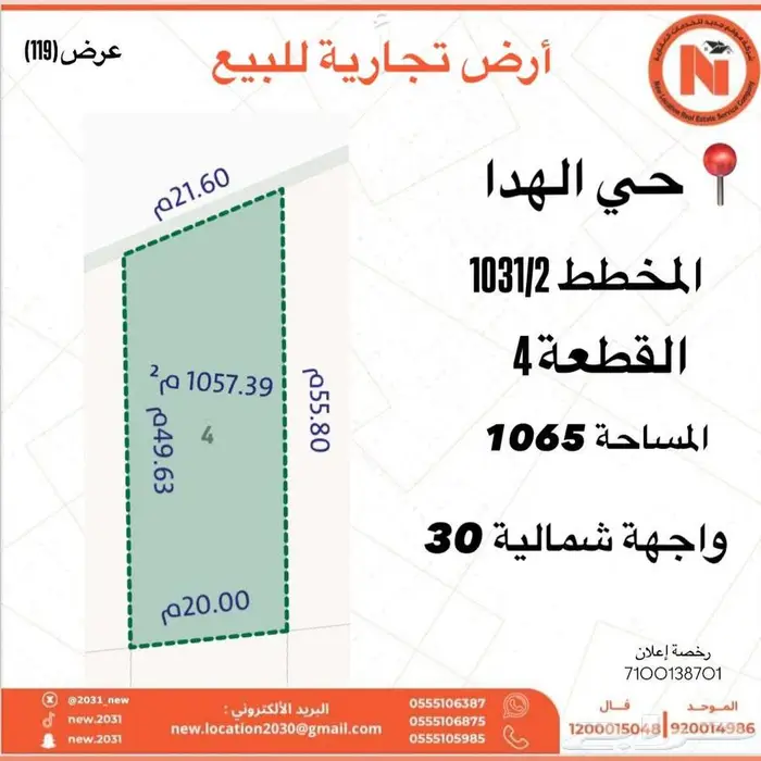 ارض تجاريه للبيع حي الهدا 1