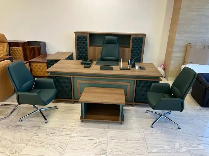 مكتب اخضر و جملي بيج جلد طقم فخم مكتب موظفين طاولة اجتماع 0