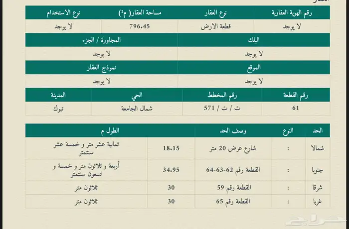 ارض للبيع شمال الجامعة تبوك مساحه 797م2 0