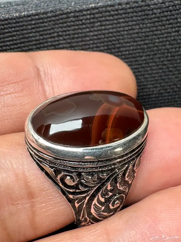 خاتم عقيق يماني كرزي مزعفر صياغة يدوي 0