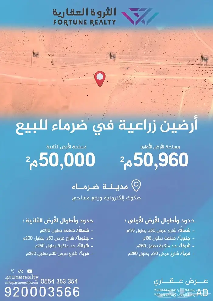 للبيع ارض بمساحة 50الف متر بسعر يبدأ 1.300.000من ريال 0