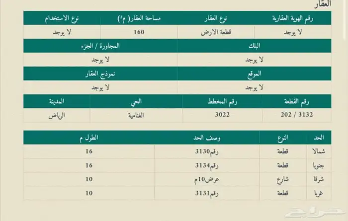 ارض للبيع في الغنامية مساحة 160 0