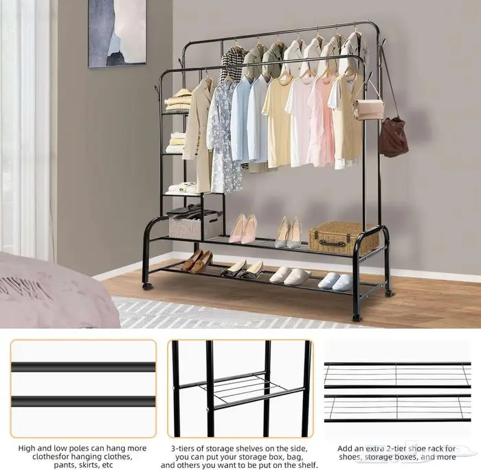رف ملابس بقضيب مزدوج مع 3 ارفف تخزين ورفين سفليين 0