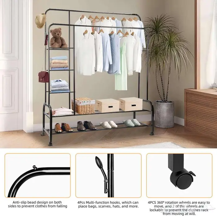 رف ملابس بقضيب مزدوج مع 3 ارفف تخزين ورفين سفليين 1