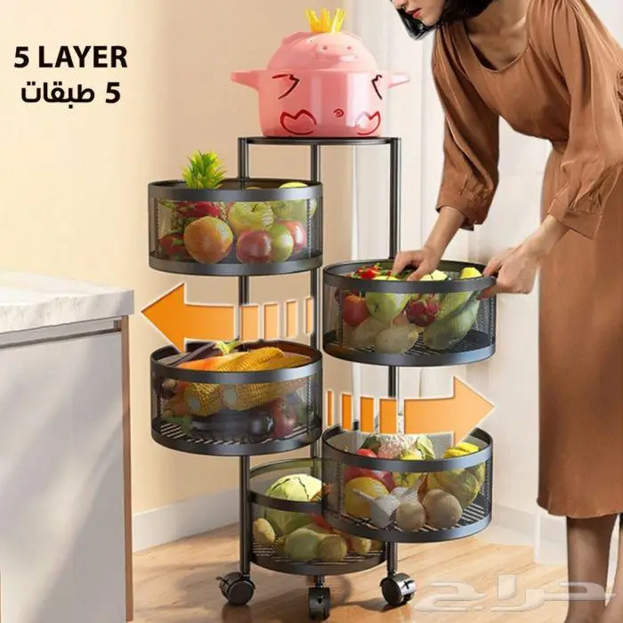 رف تخزين بعربات دوارة قائمة متعددة الطبقات للخضروات 0
