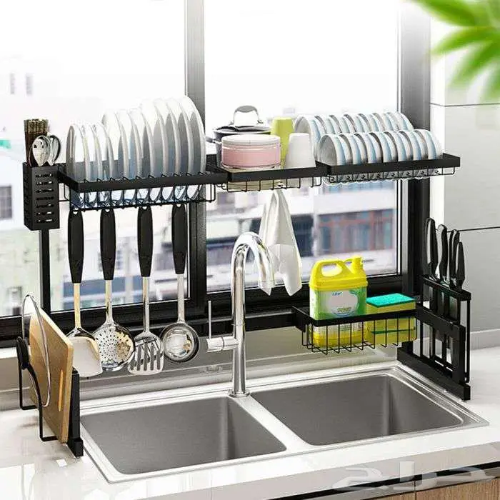 رف أطباق من معدن أسود فوق الحوض قابل للتعديل 0