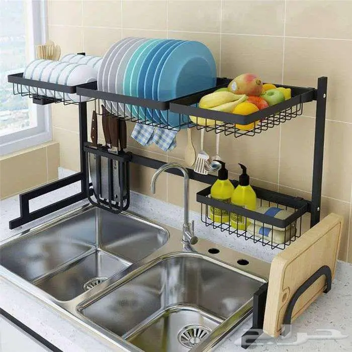 رف أطباق من معدن أسود فوق الحوض قابل للتعديل 4