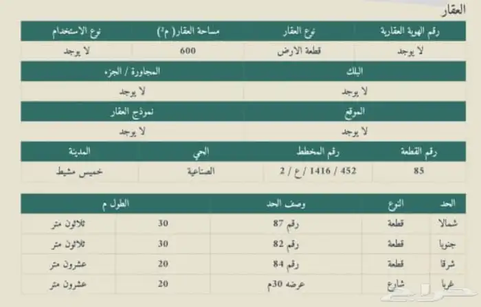 ارض مساحة 600 غربية شارع 30 حي الربوة الصناعية خميس مشيط 0
