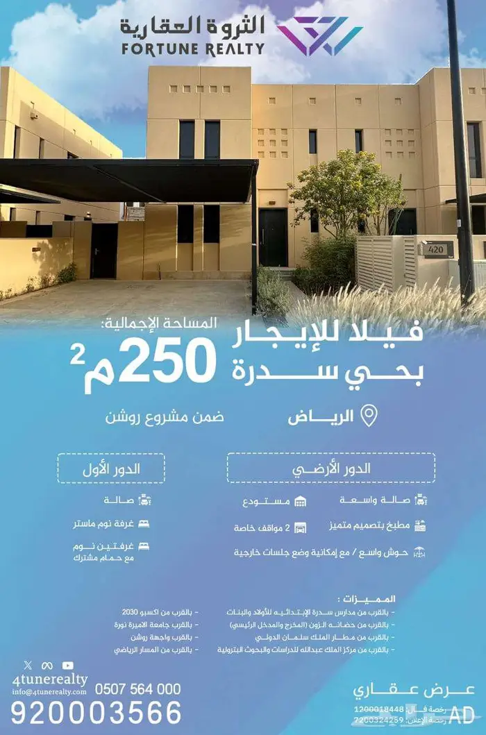 فيلا دوبلكس فاخرة للإيجار في حي سدرة   مساحة 250 متر مربع 0