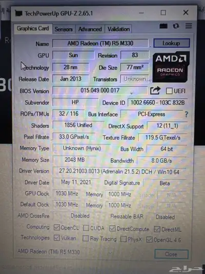 لابتوب hp مع كرت شاشه AMD  ssd 0