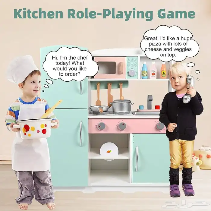 لعبة مطبخ خشبي للأطفال - مطبخ خشب بتصميم مميز ومع ملحقات 4