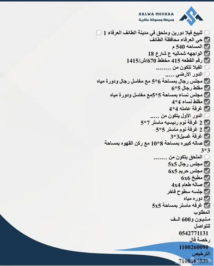 للبيع فيلا دورين وملحق في مدينة الطائف العرفاء 1 1