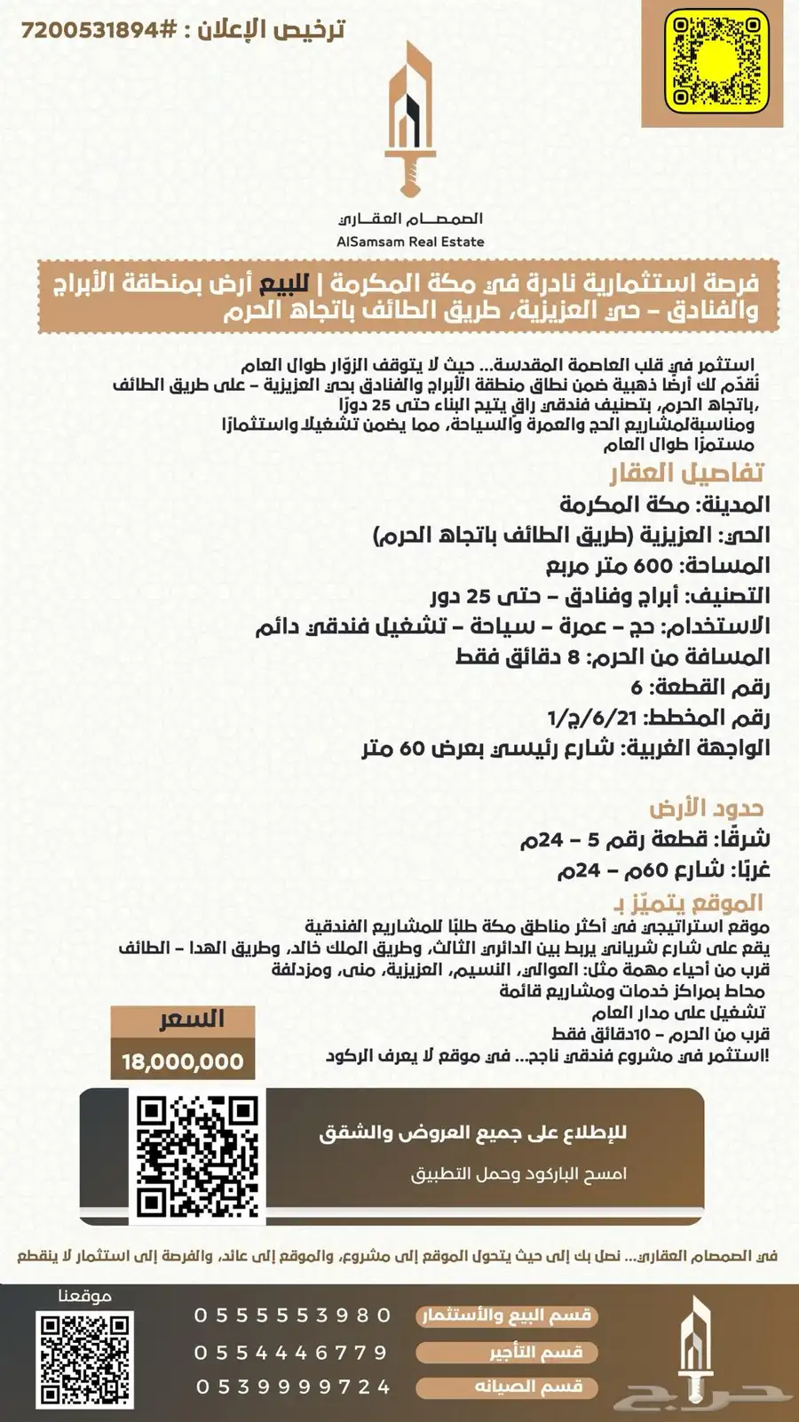 أرض للبيع فرصة استثمارية في مكة بمنطقة الأبراج العزيزية 1