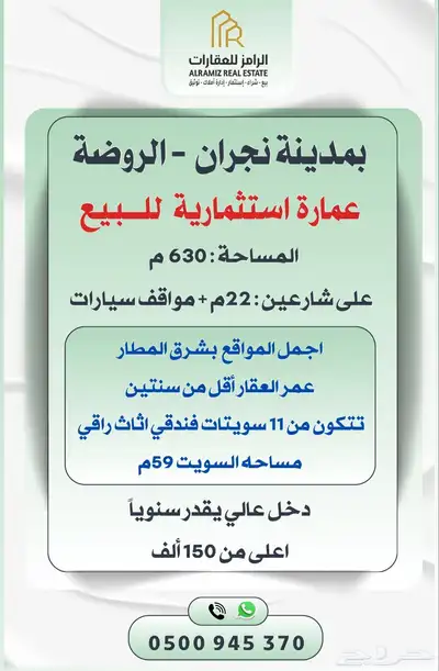 عمارة استثماريه للبيع بنجران حي الروضه بدخل يتجاوز ال13 0