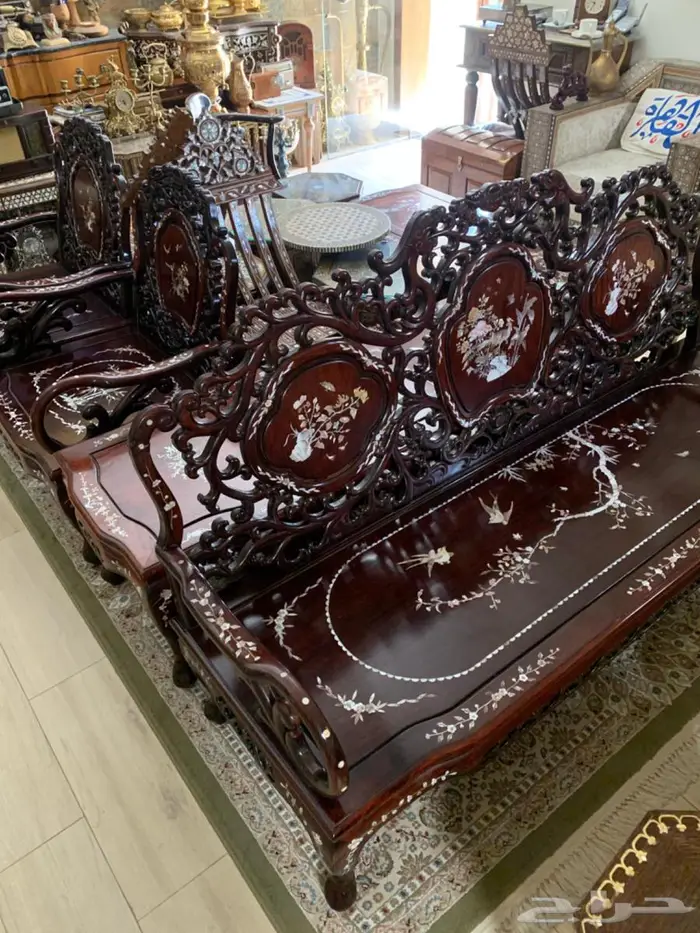 طقم كنب انتيك صيني فكتوري عريق مطعم بالصدف على خشب الورد 22