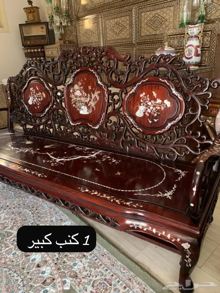 طقم كنب انتيك صيني فكتوري عريق مطعم بالصدف على خشب الورد 1