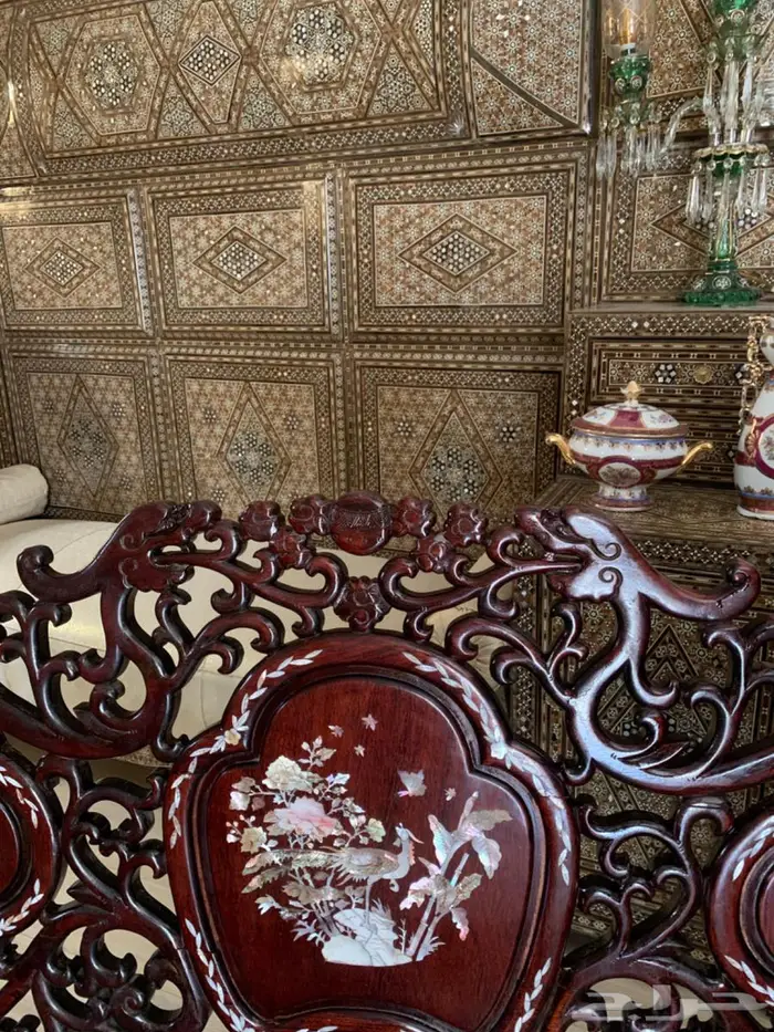 طقم كنب انتيك صيني فكتوري عريق مطعم بالصدف على خشب الورد 6