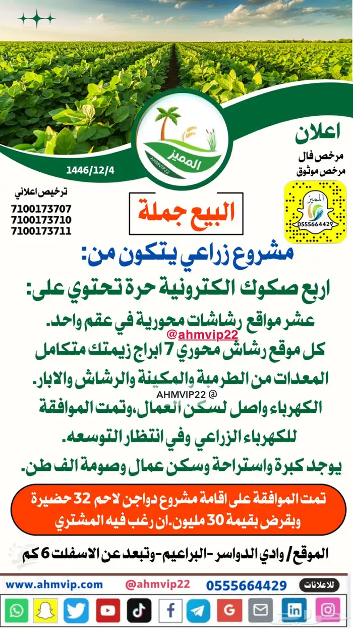 للبيع مشروع زراعي 10 مواقع زراعية بصكوك اكترونية وكهرباء 0