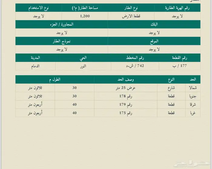 للبيع أرض في حي النور مساحة 1200 م 1