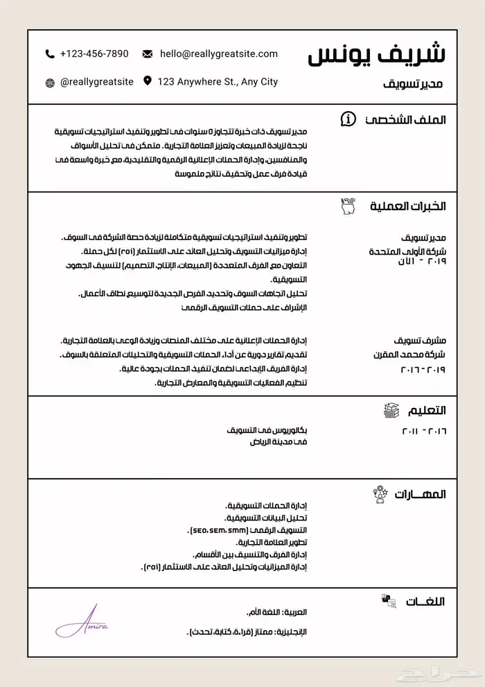 سيرة ذاتية احترافية باللغة العربية والإنجليزية بنظام ATS 0