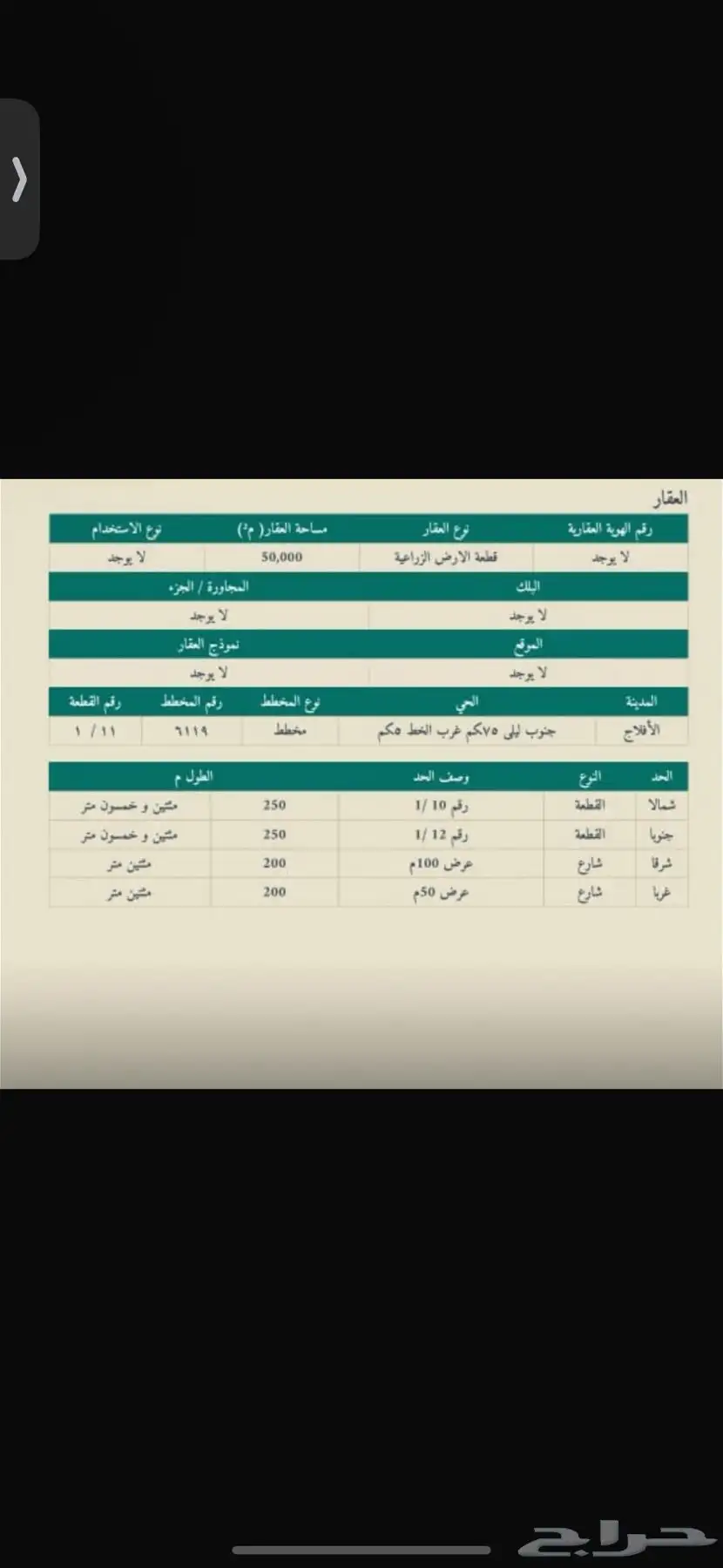 فرصة استثمارية للبيع ارض زراعية مساحة 50 الف 0