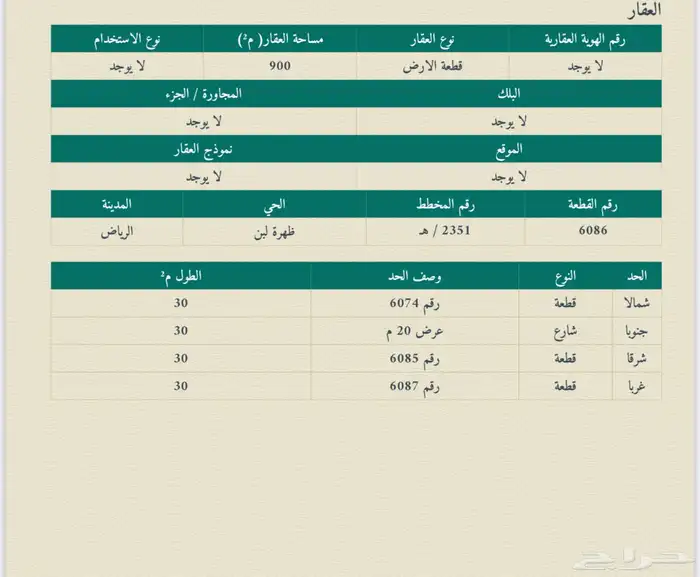 البيع ارض سكنية بحي ظهره لبن 900 متر شارع 20 جنوبي 0