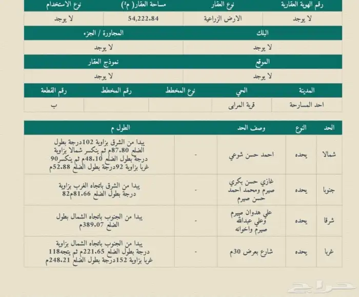 ارض زراعية كبيرة بصك للبيع في الصوارمة على الشارع العام 1