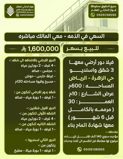 فيلا مساحتها 600م دخلها 140 ألف تقبل البنك حي الزهراء الرياض 0