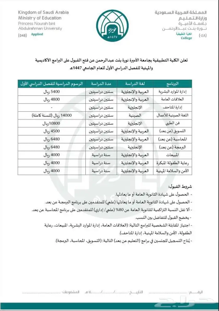 دبلوم حضوري و عن بعد بجامعه الاميره نوره للتسجيل 0
