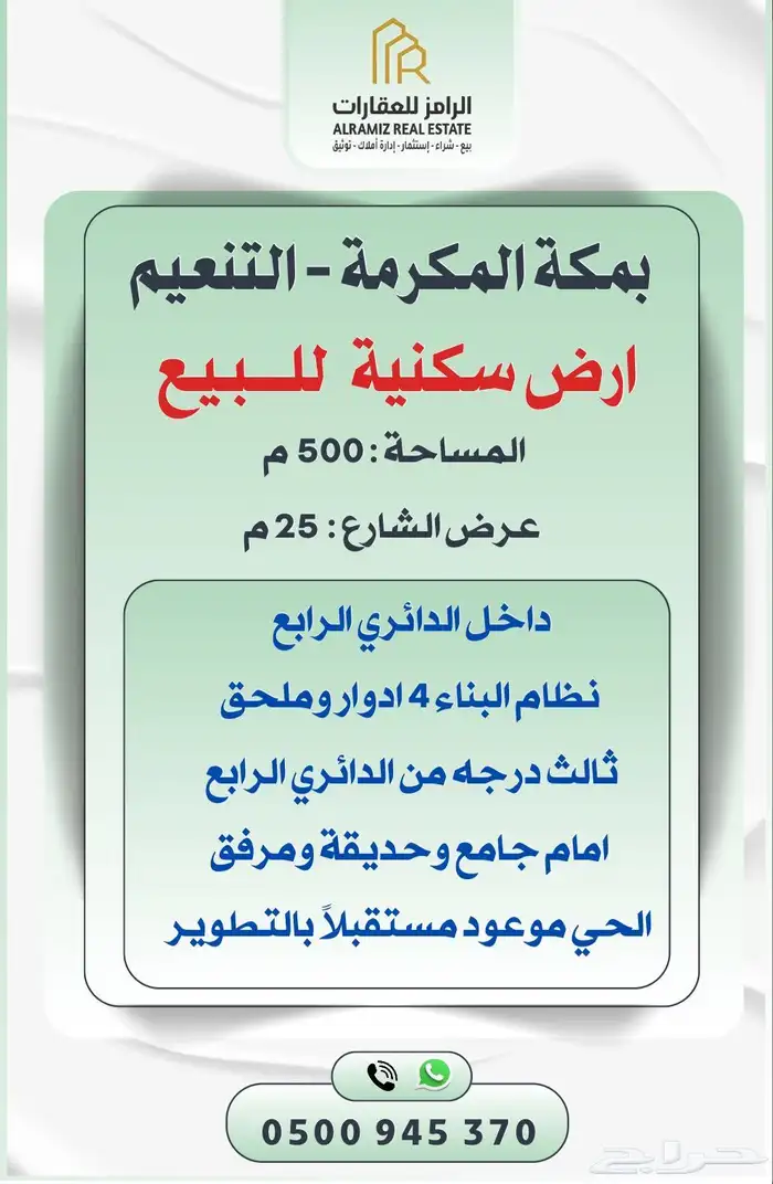 ارض للبيع سكنية بحي النعيم شارع 25م شمالي ممتازة جدا 0