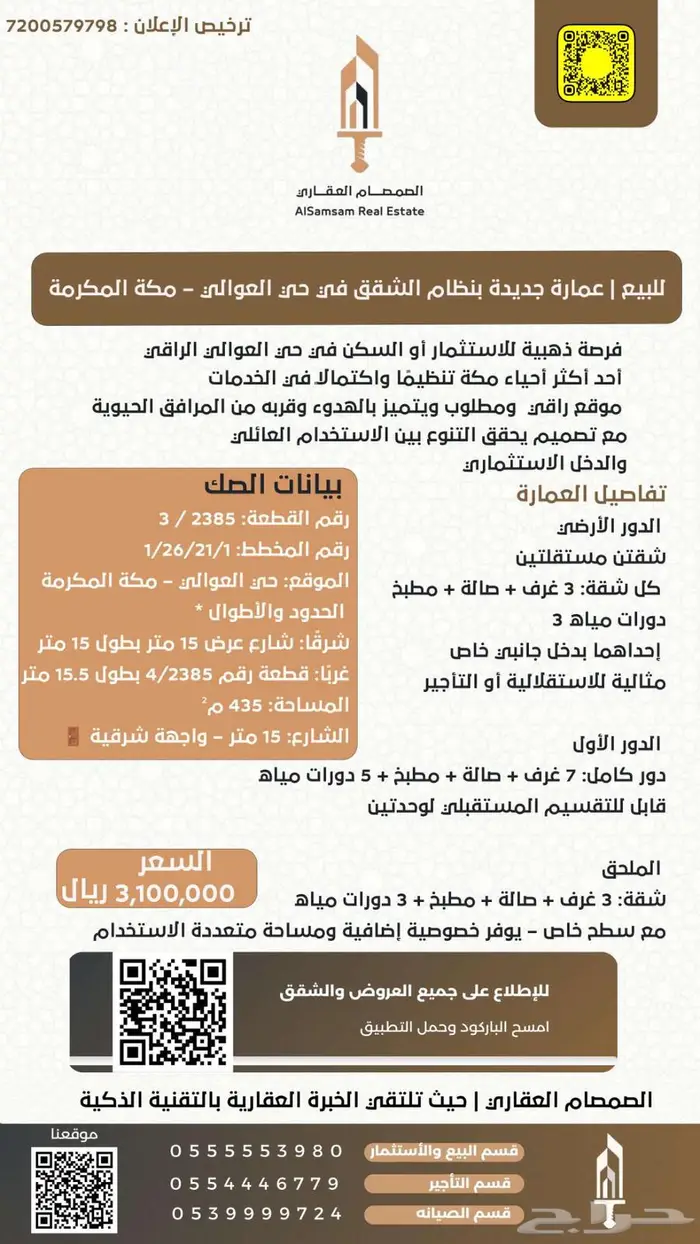 للبيع  عمارة جديدة بنظام الشقق حي العوالي مكة المكرمة 1