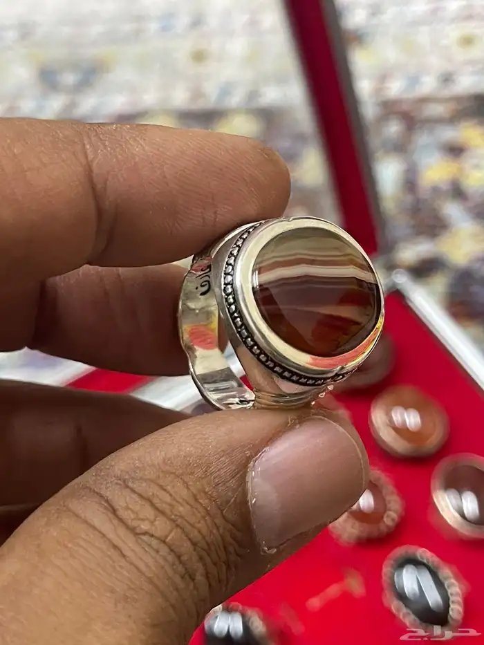 خاتم بحجر عقيق جزع يمني الوان متعددة صياغة عارف 4