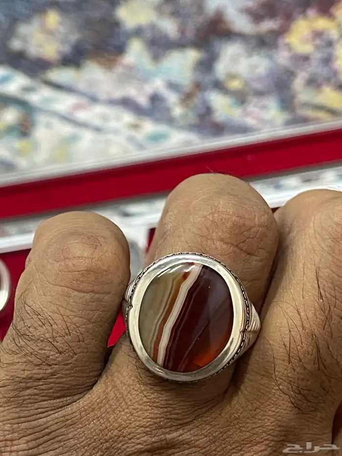 خاتم بحجر عقيق جزع يمني الوان متعددة صياغة عارف 19