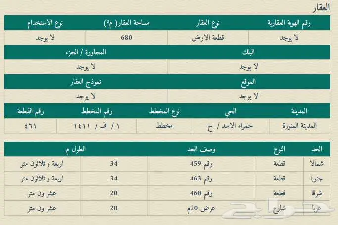 للبيع أرض سكنية في حمراء الأسد ح المدينة المنورة 0