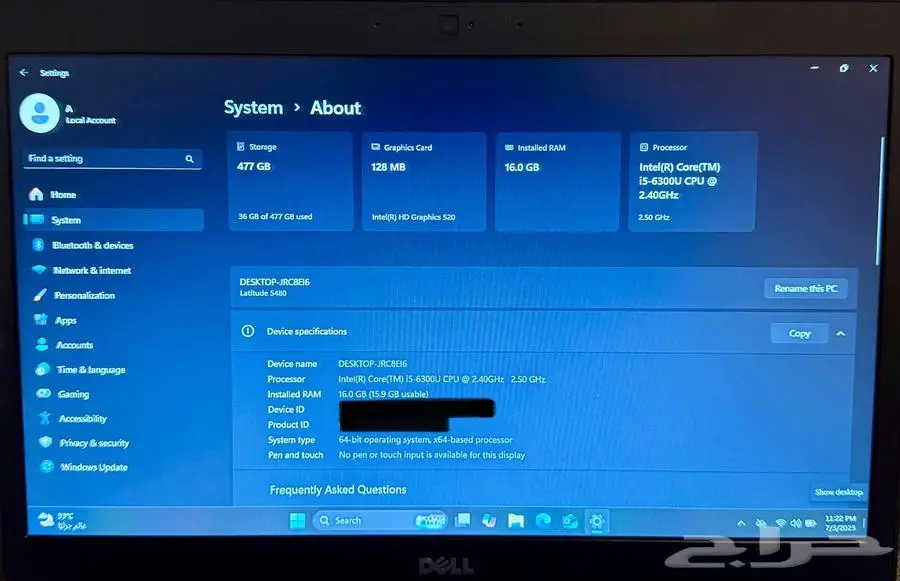 لابتوب ديل i5 نظيف  512 جيجا  16 جيجا رام 5