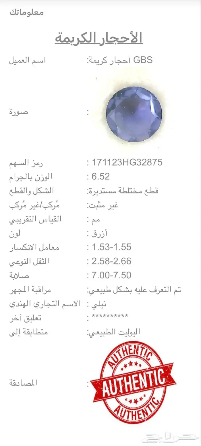 حجر يوليت طبيعي بشهادة 1