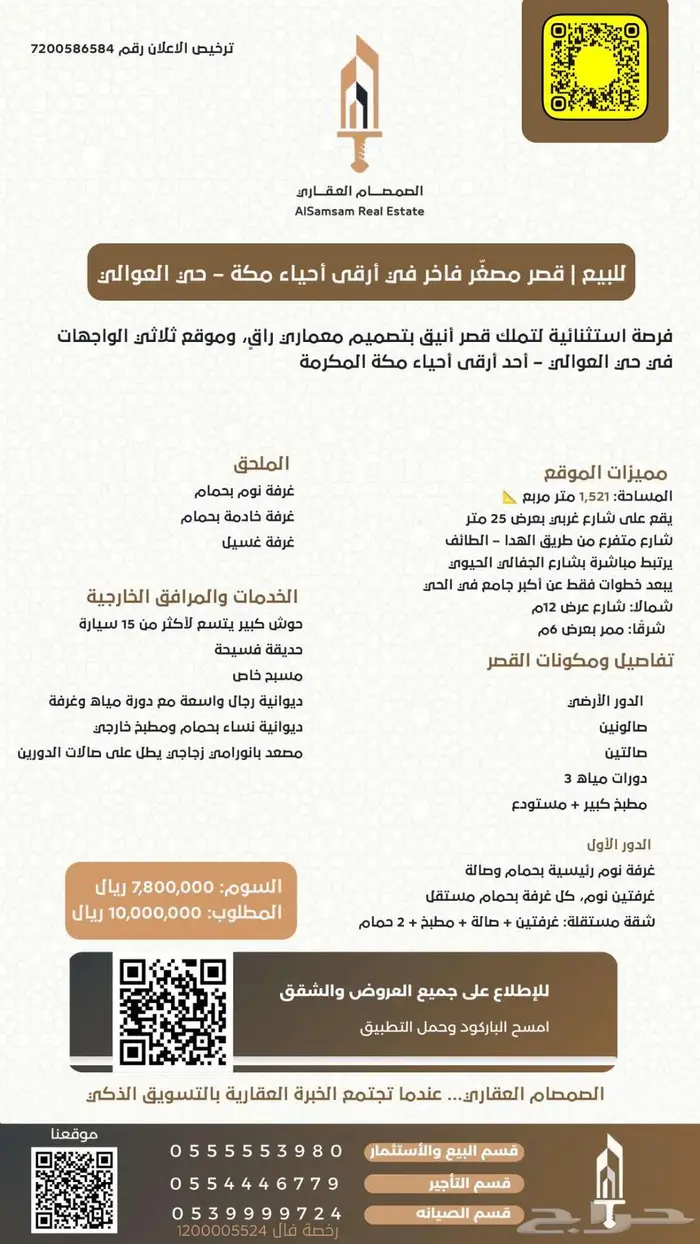 للبيع قصر مصغر فاخر في أرقى أحياء مكة حي العوالي 1