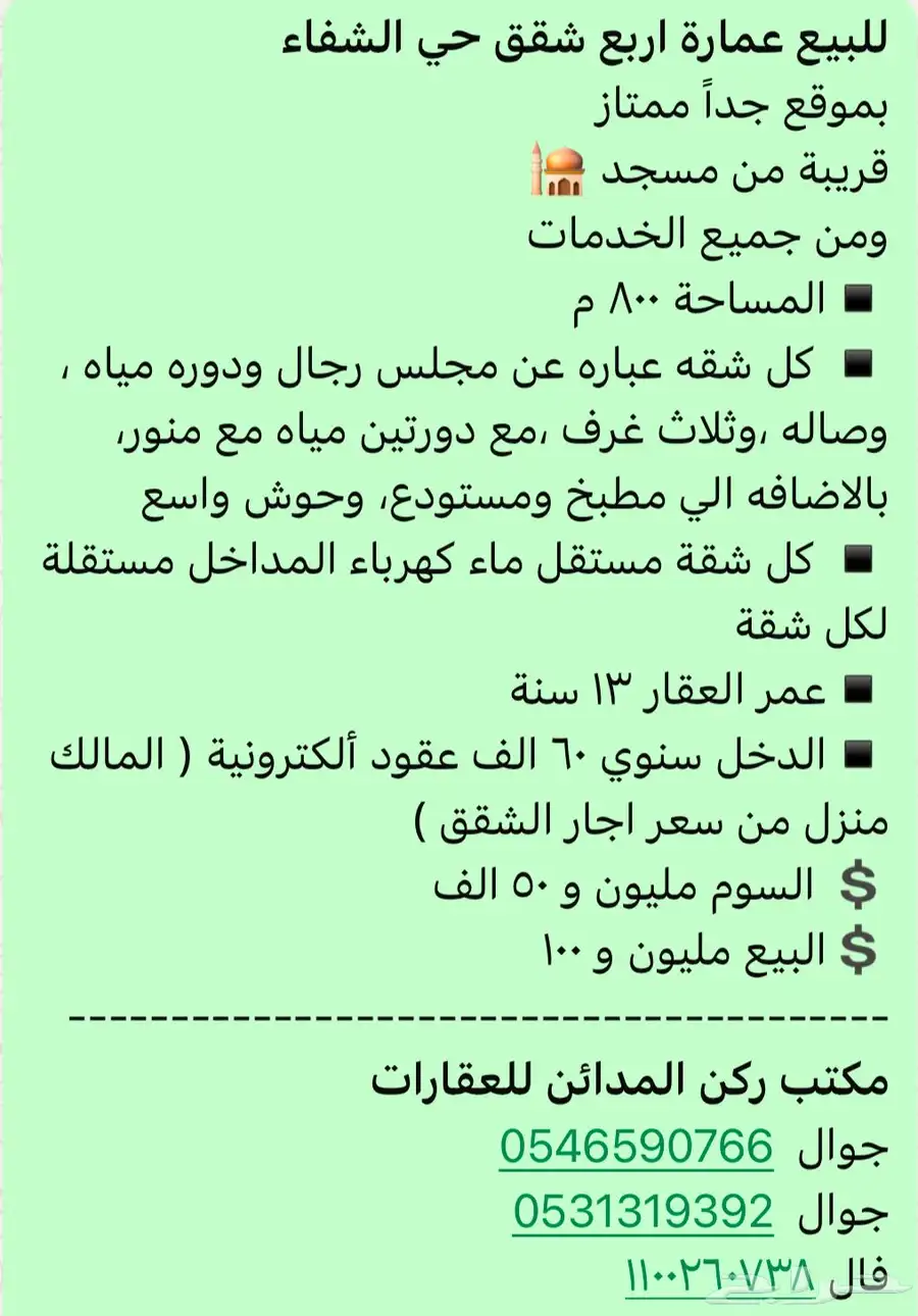 للبيع اربع شقق حي الشفاء حد مليون و100الف 0