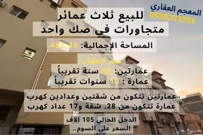 فرصة استثمارية للبيع ثلاث عمائر بصك واحد في الخبيب 0